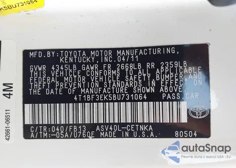 2011 Toyota Camry Le из США, поврежденный, VIN 4T1BF3EK5BU731064